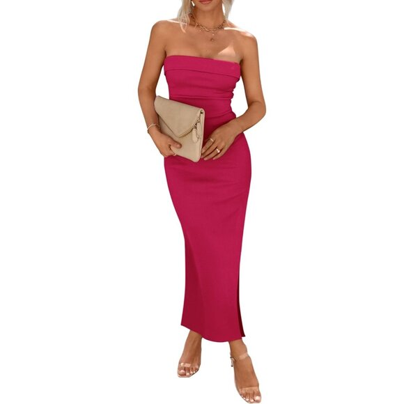Womens Summer Bodycon Maxi Tube Dress Ribbed Strapless Side Slit Party Dress
